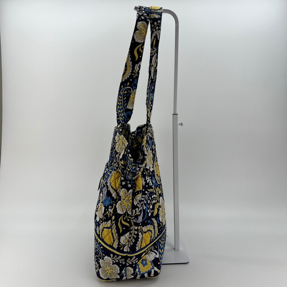 Vera Bradley Indigo Pop Quilted Cotton Tote Bag Floral Elephant Blue Yellow - Picture 2 of 5